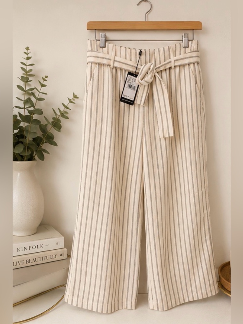 Adrianna Papell Cream and Taupe Striped Wide Leg Pants
